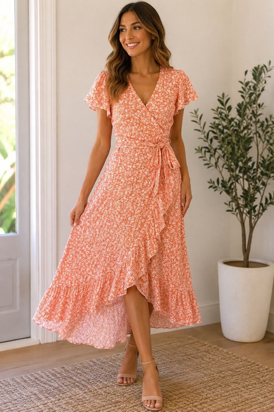 Peach White Floral Faux Wrap Midi Dress Flutter Sleeve Tie Waist Ruffle Hem M